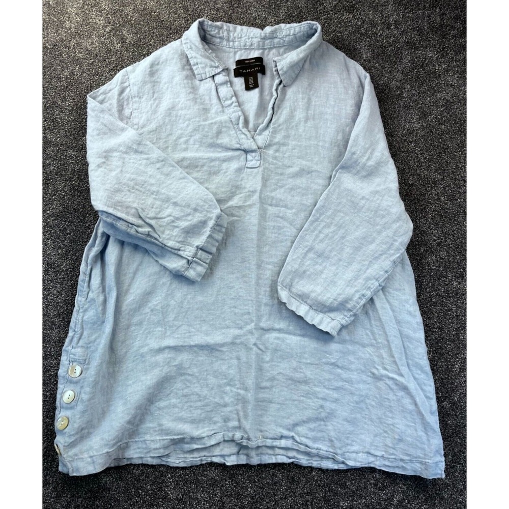 Tahari Womens Light Blue Linen‎ Tunic Top US 1X Button Detail Lagenlook